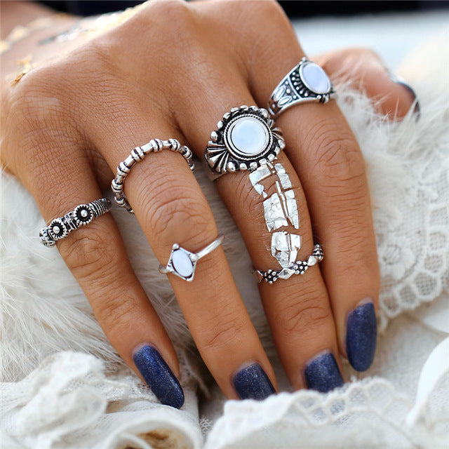 Tibetan Silver Ring Set- Opalite/ TurquoiseJewelryLuna Daze