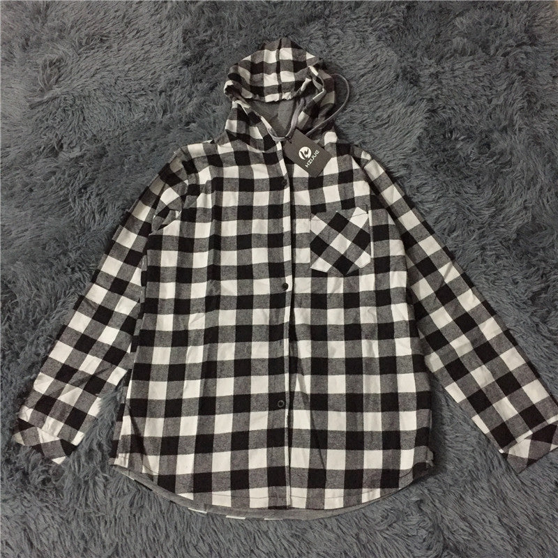 Hooded Plaid Button UpLuna Daze