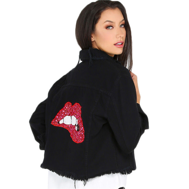 Sequins Lips Distressed Denim JacketLuna Daze