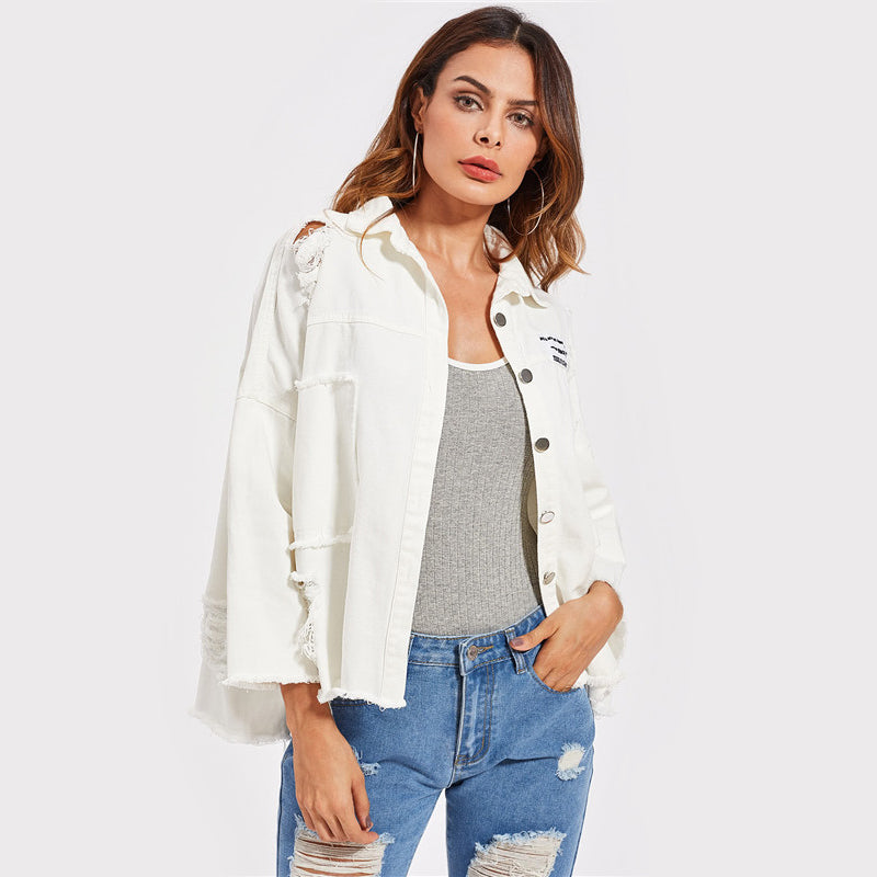 Patched & Distressed White Denim JacketLuna Daze