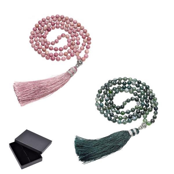 Rhodochrosite & Moss Agate Tassel Mala Beads