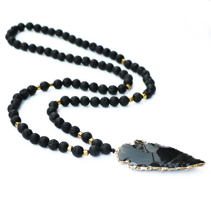 Black Obsidian Arrowhead & Lava Stone Necklace