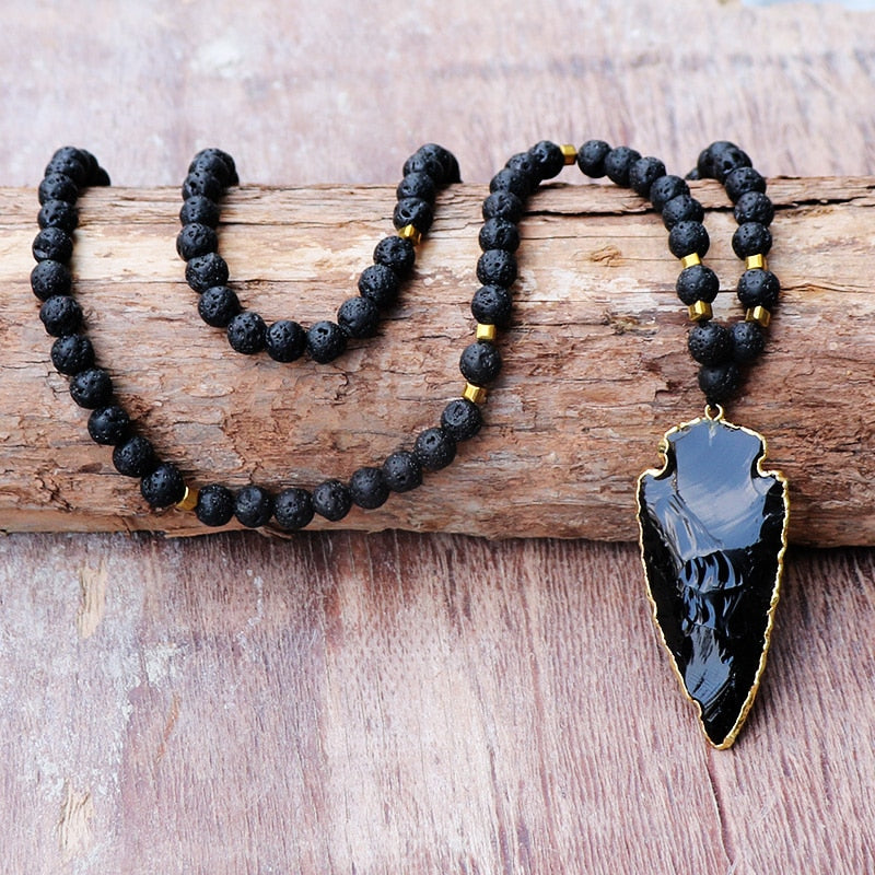 Black Obsidian Arrowhead & Lava Stone Necklace