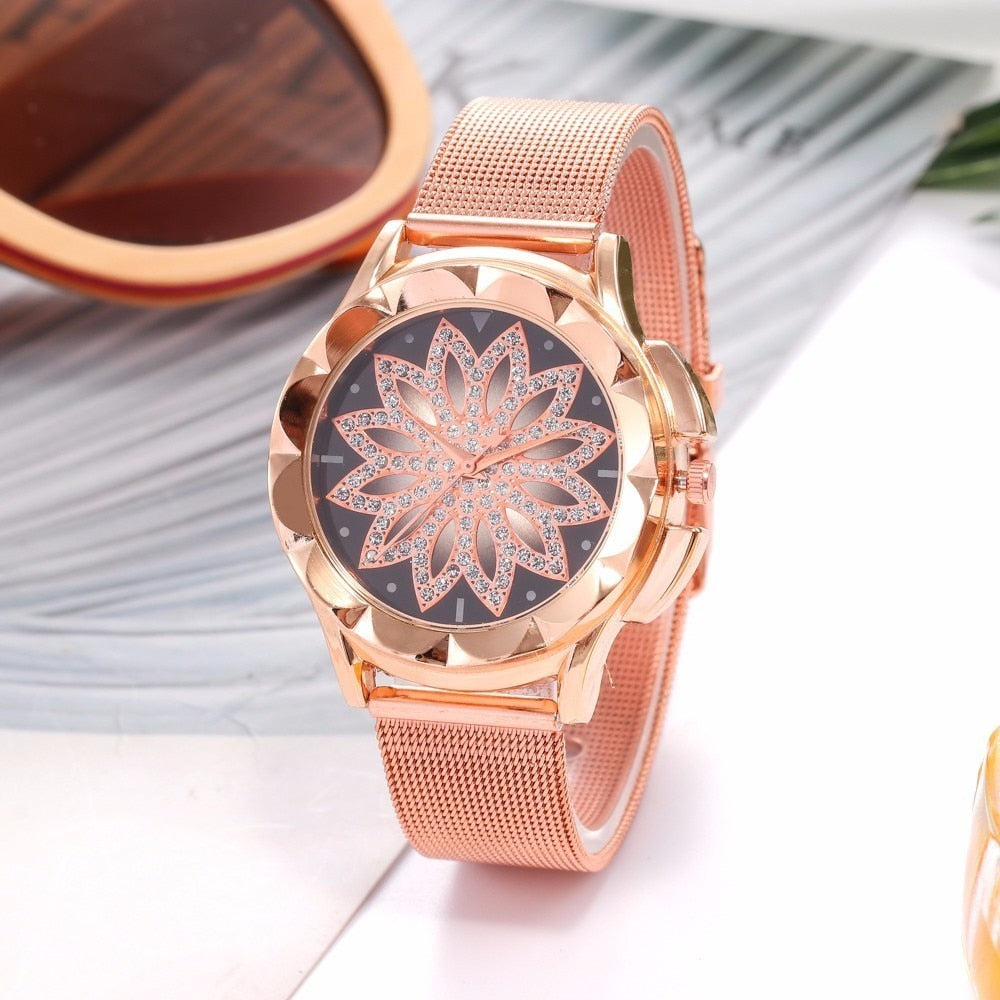 Rose Gold Flower Quartz Watch