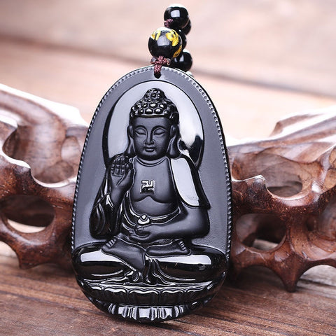 Buddha Black Obsidian Six Stars Lucky Amulet Necklace — Kirijewels.com
